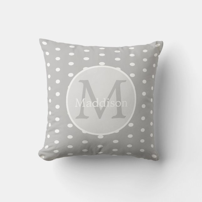 Coussin Motif à pois gris et blanc avec monogramme  (Recto)