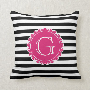 Coussin Motif à rayures noires Monogramme rose chaud