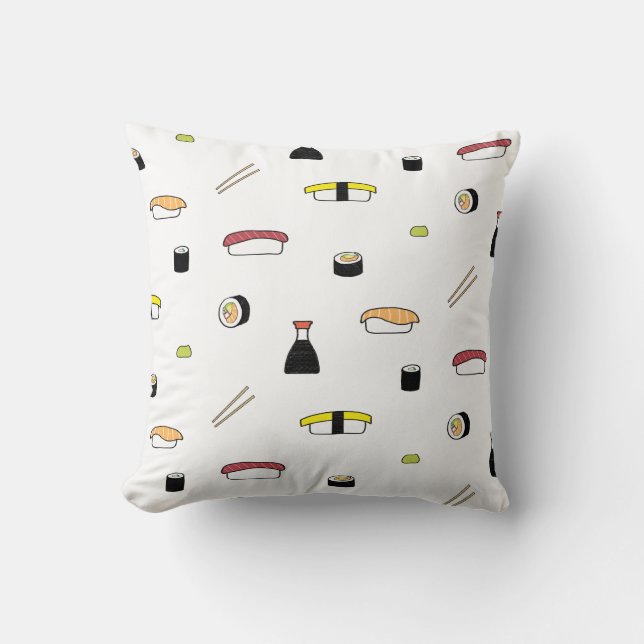 Coussin Motif à thème Sushi | Jeu de sushis blanc illustré (Recto)