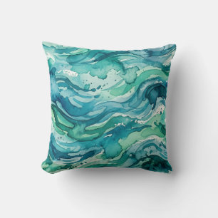 Coussin Motif Abstrait Aquarelle Océan Sarcelle