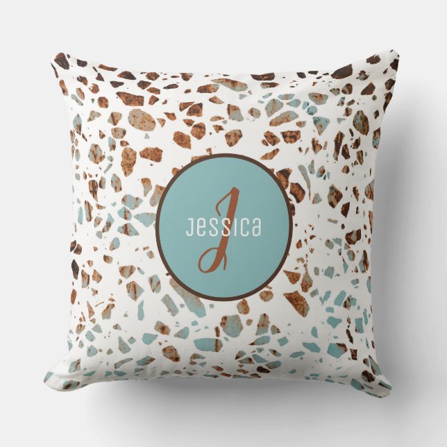 Coussin Motif Abstrait customisé Terrazzo Brown et bleu (Recto)