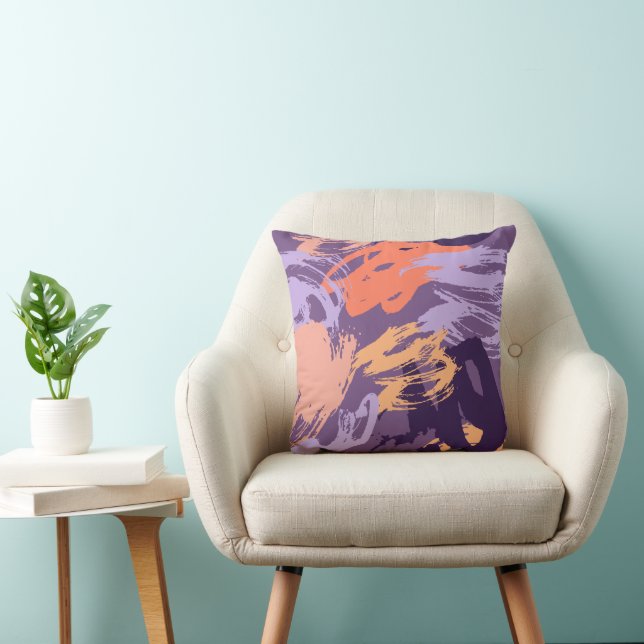Coussin Motif Abstrait de pinceau violet et corail (Chaise)