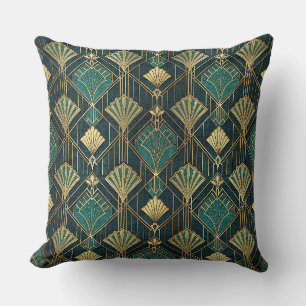 Coussin Motif Abstrait Géométrique Art Déco Sarcelle et Or