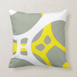 Coussin motif abstrait jaune blanc et gris