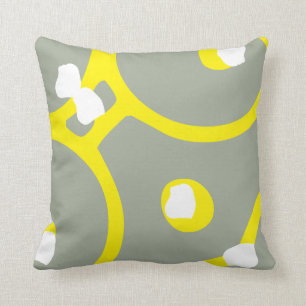 Coussin motif abstrait jaune blanc et gris