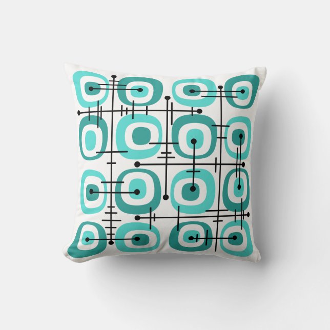 Coussin Motif Abstrait Turquoise Milieu de Siècle MCM (Recto)