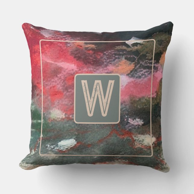 Coussin Motif abstrait vert rouge monogramme (Recto)