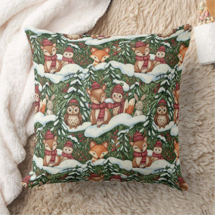 Coussin Motif Amis de la Forêt Verte Hivernale
