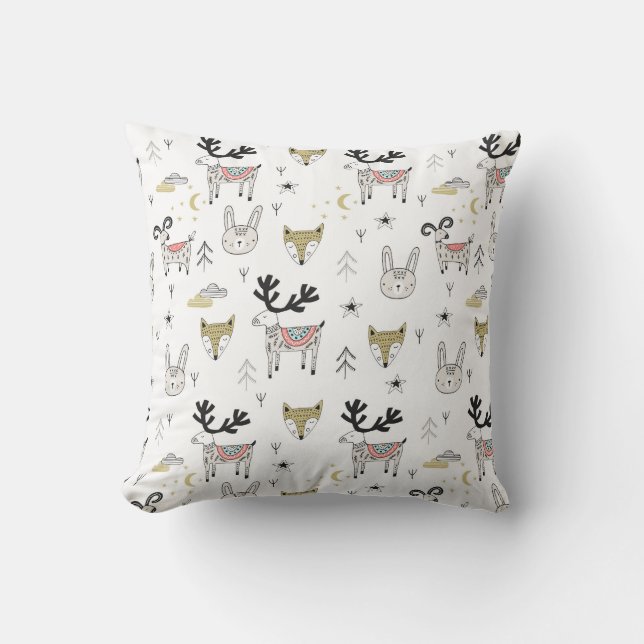 Coussin Motif animal de griffonnage de région boisée (Recto)