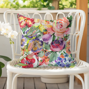 Coussin Motif aquarelle floral d'été pêche pourpre rouge