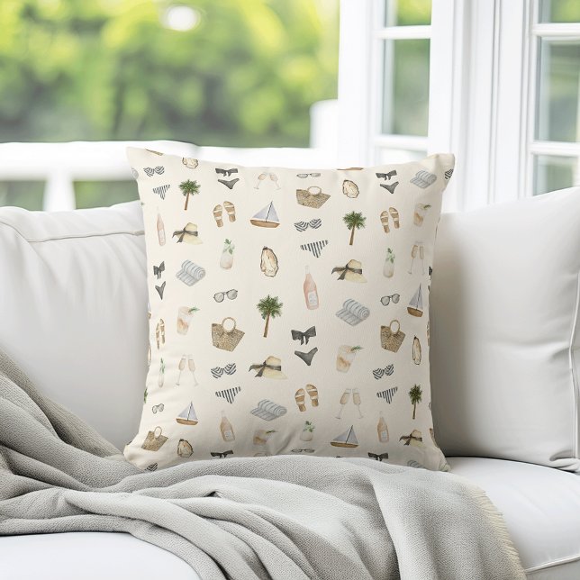 Coussin Motif aquarelle neutre de séjour estival côtier (Créateur téléchargé)