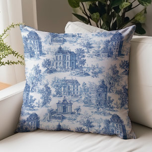 Coussin Motif architectural de Toile de Jouy bleu vintage