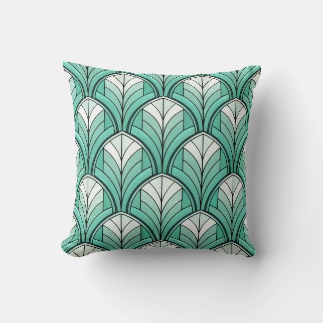 Coussin motif art déco avec des teintes sarcelle, blanche  (Recto)