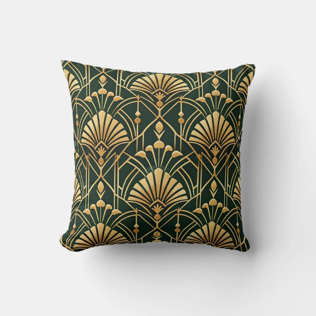 Coussin Motif Art Déco Or Émeraude (Recto)