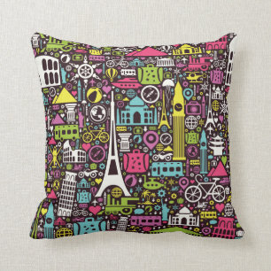 Coussin Motif au néon d'icônes du monde