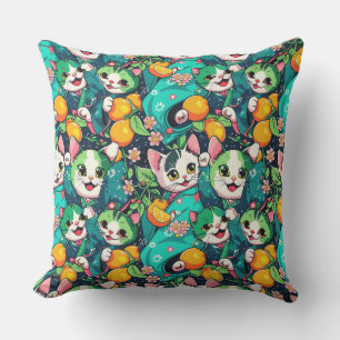 Coussin Motif avec des chats kawaii en kimonos,