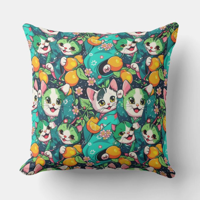 Coussin Motif avec des chats kawaii en kimonos, (Recto)