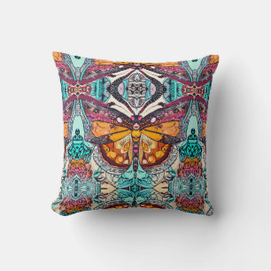 Coussin Motif Batik des papillons et Médaillons à Orange