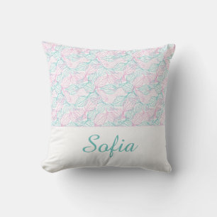 Coussin Motif blanc de feuilles stylisées rose et turquois