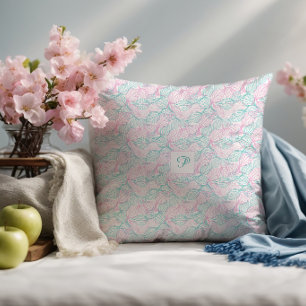 Coussin Motif blanc de feuilles stylisées rose et turquois