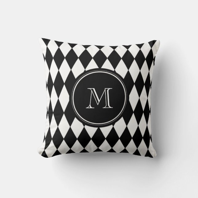 Coussin Motif blanc noir de harlequin, votre initiale (Recto)