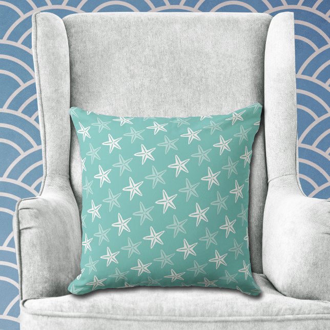 Coussin Motif blanc Starfish sur Turquoise Blue (Créateur téléchargé)