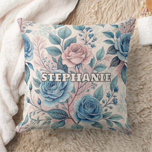 Coussin Motif bleu et rose sur blanc doux