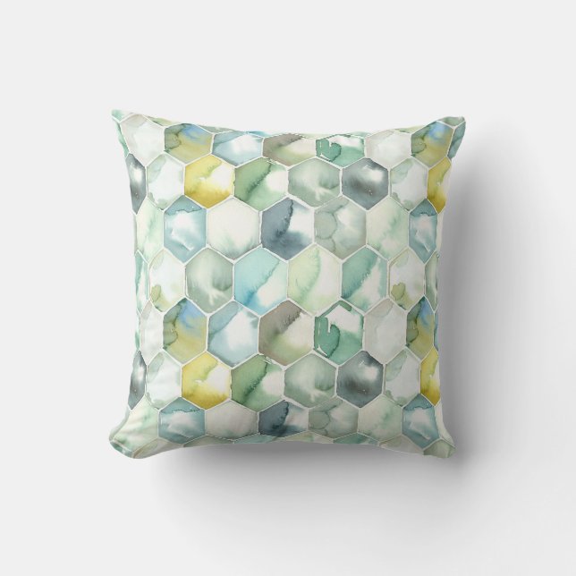 Coussin Motif bleu et vert de Honycomb d'aquarelle (Recto)
