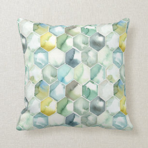 Coussin Motif bleu et vert de Honycomb d'aquarelle