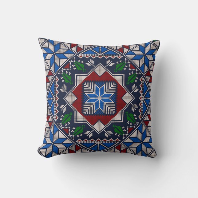 Coussin Motif bleu, rouge et vert Tatreez (Recto)
