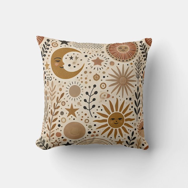 Coussin Motif Boho Celestial Soleil et Lune (Recto)