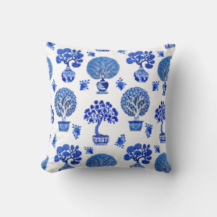 Coussin Motif Bonsai Trees en Bleu et Blanc Cobalt
