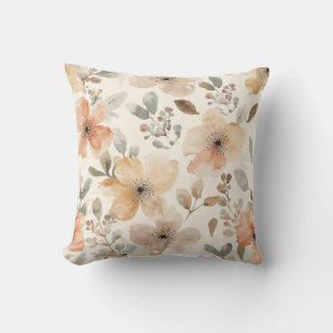 Coussin Motif botanique aquarelle floral pêche beige