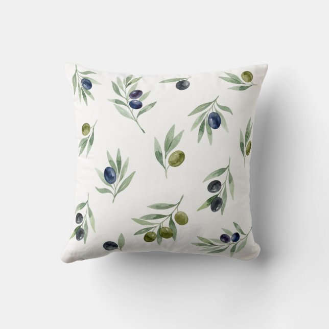 Coussin Motif botanique chic à l'aquarelle vert olive (Verso)