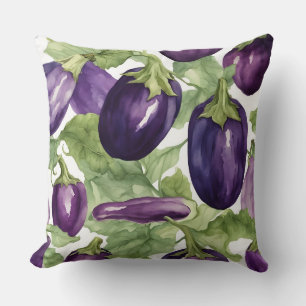 Coussin Motif botanique de jardin aux aubergines à l'aquar