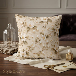 Coussin Motif botanique élégant blanc floral olive or