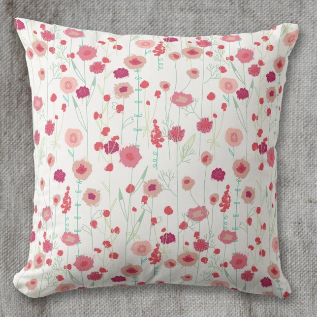 Coussin Motif botanique floral rose (Pink red and white loose floral painting art throw pillow)