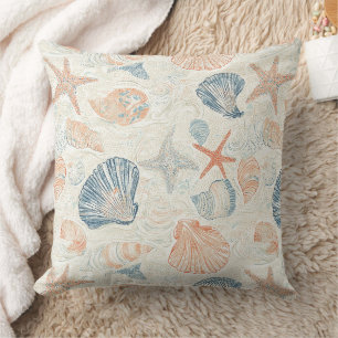 Coussin Motif botanique marin Coquille de mer Corail bleu