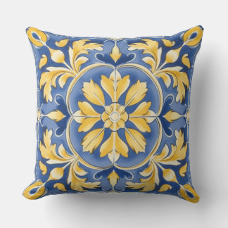 Coussin Motif botanique méditerranéen - Bleu et Jaune