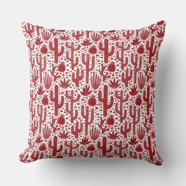 Coussin Motif Cactus - Rouge Rubis et Blanc (Recto)
