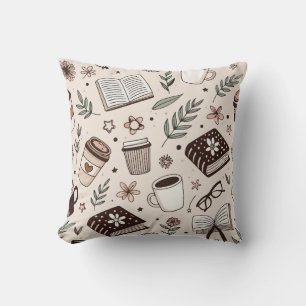 Coussin Motif Café Cosy & Livre Esthétique Neutre