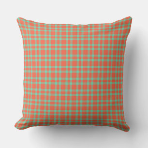 Coussin Motif carreaux bleu-vert corail