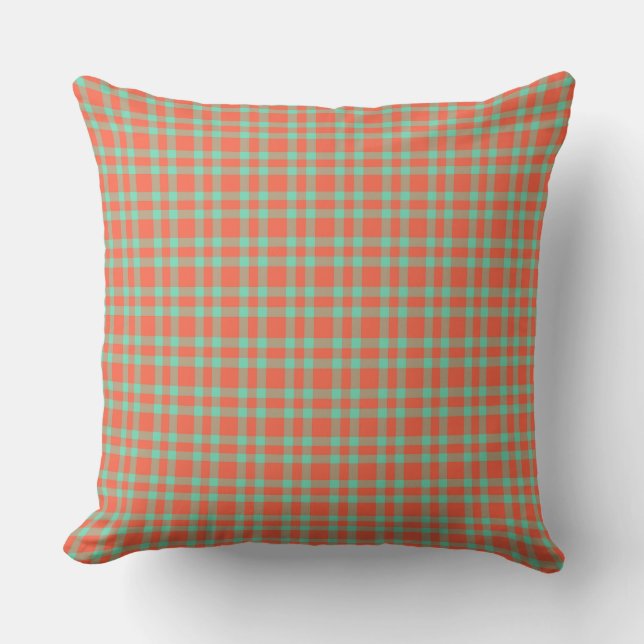 Coussin Motif carreaux bleu-vert corail (Recto)