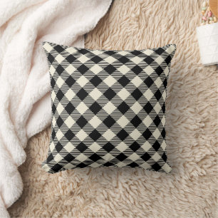 Coussin Motif carreaux gingham diagonaux noir et beige