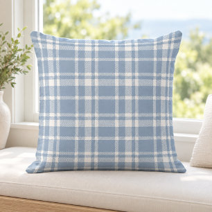 Coussin Motif carreaux tartan bleu poussiéreux blanc