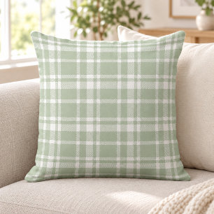 Coussin Motif carreaux tartan vert sauge blanc