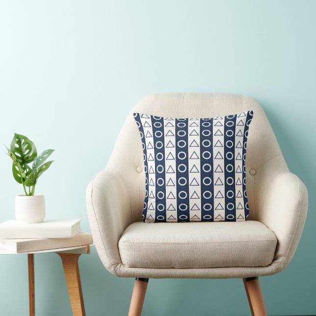 Coussin Motif Cercle Triangle Rayures Bleu Blanc (Chaise)