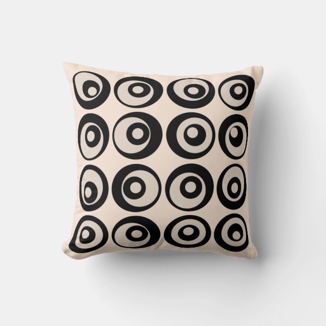 Coussin Motif Cercles Milieu de Siècle Noir et Crème (Recto)