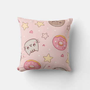Coussin Motif Chat Mignon, Donut et Étoile