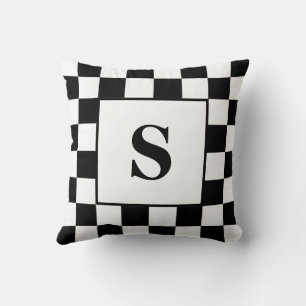 Coussin Motif chèque en noir et blanc avec initiale